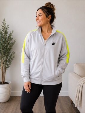 Nike Women’s Light Gray Bomber Jacket with Neon Yellow Stripes